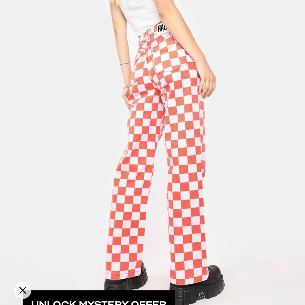 Red and White Checkered Women Jeans